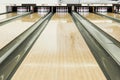 Close up of bowling pins in a row