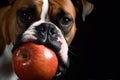 Close-up of a boxer dog with an apple in its mouth on a black background. Generative AI Royalty Free Stock Photo