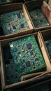 Close up of boxes containing sorted computer circuit boards and electronic components Royalty Free Stock Photo