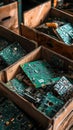 Close up of boxes filled with computer circuit boards for recycling or repurposing