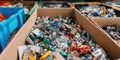 Close up of boxes filled with sorted computer parts for recycling