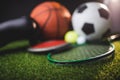 Close up of boxing gloves and basketball football tennis golf balls and discus Royalty Free Stock Photo