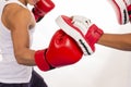 Close up of boxing workout action in fitness class on white back Royalty Free Stock Photo