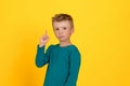 Close-up of a boy with a serious expression showing his index finger up, an idea.