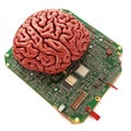 Close up of a brain integrated onto a computer circuit board, merging biology and technology, representing neural computing and