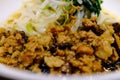 Close-up of the braised minced pork noodles.