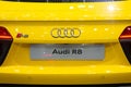 Thailand - Dec , 2018 : close up brand logo of Audi R8 yellow sports car presented in motor expo Nonthaburi Thailand .