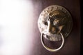 Close up of brass bronze chinese traditional door knocker with lion head Royalty Free Stock Photo