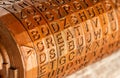 Close-up of brass cryptex invented by Leonardo da Vinci from the book da vinci code. Word creativity as password set by