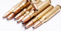 A close up of brass rifle bullets used for hunting Royalty Free Stock Photo