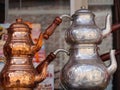 Close up of brass Turkish coffee pots on sale, Istanbul, Turkey Royalty Free Stock Photo