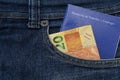 Close up of brazilian work and social security document card in pocket jeans. Real banknotes. Formal employment concept. Translate