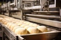 close-up of bread dough being portioned by machinery