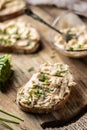 Close-up of bread slice with traditional Slovak bryndza spread made of sheep cheese with freshly cut chives placed on rustic wood