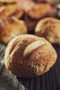 Wood table with breads and ingredients Royalty Free Stock Photo