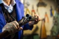 Break-action of horizontal double-barreled shotgun in hands of gunsmith Royalty Free Stock Photo