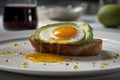 Close-up breakfast with fried eggs on toasted bread. Homemade bread toasted with cheese and fried egg.