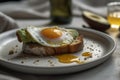 Close-up breakfast with fried eggs on toasted bread. Homemade bread toasted with cheese and fried egg.