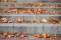 Close Up Of Brick And Concrete City Stairs Sidewalk With Autumn leaves.