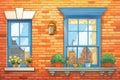 close-up of a brick wall and window details of a colonial house, magazine style illustration