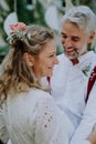 Close-up of bride and groom dancing at their outdoor wedding party. Royalty Free Stock Photo
