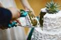 Close-up bride and groom hold their hands together cutting wedding cake with a white cream and a green flower, mint and chocolate