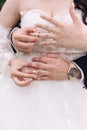 Close-up of the bride and groom putting wedding rings on each other Royalty Free Stock Photo