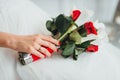 Close-up of bride`s hands holding red and white wedding bouquet Royalty Free Stock Photo