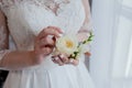 Close-up of the bride`s hands holds a boutonniere. boutonniere with red rose Royalty Free Stock Photo