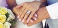Close-up of Bride`s Hands and Wedding Ring