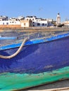 Close up of bright blue boat in the port of Essaouira, Morocco