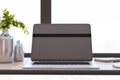 Close up of bright designer office desktop with black mock up computer monitor, reflections, decorative vase with plant, other Royalty Free Stock Photo