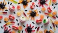 Close-up bright jelly candies,spiders,eyes,jaws,worms and bats,on white background,top view,flat lay,copy space.Decor concept for