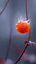 Close-up of bright orange cloudberry on thin stem with blue background Royalty Free Stock Photo
