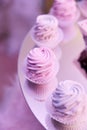 Close-up of bright pink cupcakes on a mirrored stand. Royalty Free Stock Photo