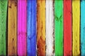 Close-up of bright vertical colorful oak wooden fence background. Creative art backdrop.Vintage rustic multicolored pattern. Copys