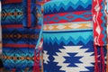 Colorful traditional baskets for sale at Otavalo market in Ecuador. Native South America. close-up.