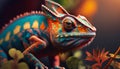 Close up of a brightly colored chameleon. Psychedelic and vibrant animal artwork