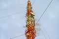 Close up of Broadcast and 5G mobile cell tower top with many different antennas