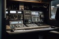 close-up of a broadcasting van's control panel, with the on-air talent and camera crew ready to go Royalty Free Stock Photo