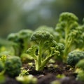 A close up of broccoli growing in the ground, AI