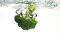 Close-up of broccoli splash into water isolated on white.