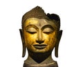 Clipping path, close up of broken antique bronze Buddha face isolated on white background Royalty Free Stock Photo