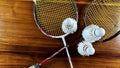 Close up of broken badminton rackets and white badminton shuttle cocks Royalty Free Stock Photo