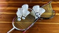 Close up of broken badminton rackets and white badminton shuttle cocks Royalty Free Stock Photo