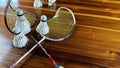Close up of broken badminton rackets and white badminton shuttle cocks Royalty Free Stock Photo
