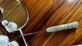 Close up of broken badminton rackets and white badminton shuttle cocks Royalty Free Stock Photo