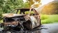 Close-up of a Broken and Burnt Car with Smashed Metal After the Fire - Generative Ai Royalty Free Stock Photo