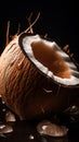 close up broken coconut with water drops on dark background