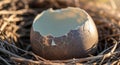 A close-up of a broken, empty eggshell resting in a nest made of twigs. The eggshell has a mottled, Royalty Free Stock Photo